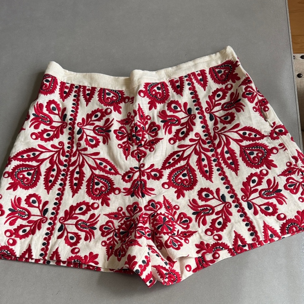 Zara Floral Embroidered Women Shorts - Red and Cream